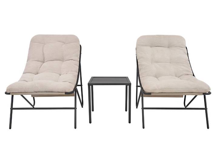 Ensemble de jardin bistrot gris\, comprenant : 2 chaises\, 1 table\, et 2 coussins crème