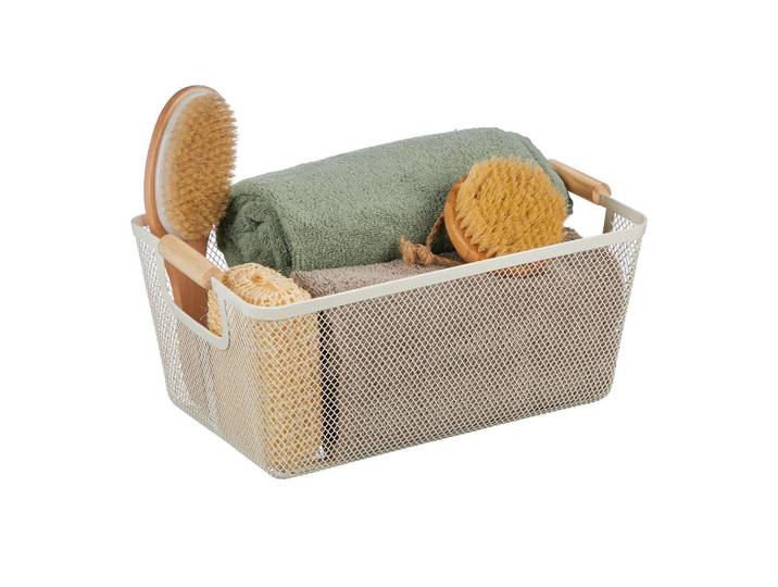 Relaxdays Drahtkorb Weiß Stahl Holzgriffe 37 cm, Metall, Holz, 37x16.5x22.5 cm, Ordnen & Aufbewahren, Deko- & Aufbewahrungsboxen