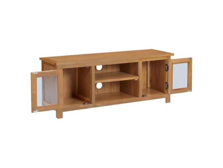 GKHPYURE TV-Schrank 110 x 35 x 44 cm aus massivem Eichenholz Massives Eichenholz, Finish und Glas, MDF, zwei Türen, zwei offene Fächer, Montage erforderlich