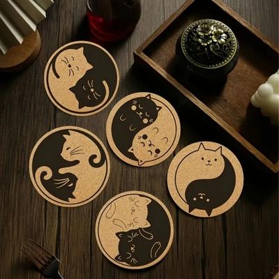 Uplifted Goods Wooden Cat Pattern Coaster Set Six Piece Insulation Mats For Cups a