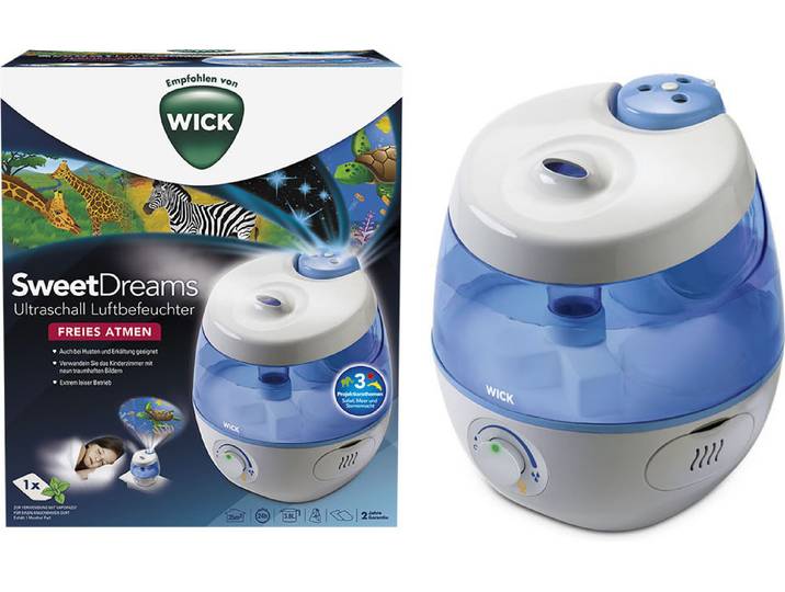 Luftbefeuchter WICK SweetDreams Kaltluft-Luftbefeuchter mit Lichtprojektion - WUL575 , weiß (weiß, blau), B:25cm H:25cm T:28,4cm, Luftbefeuchter, Luftbefeuchter, Projiziert 3 Motive: Safari, Ozean und Sternenhimmel