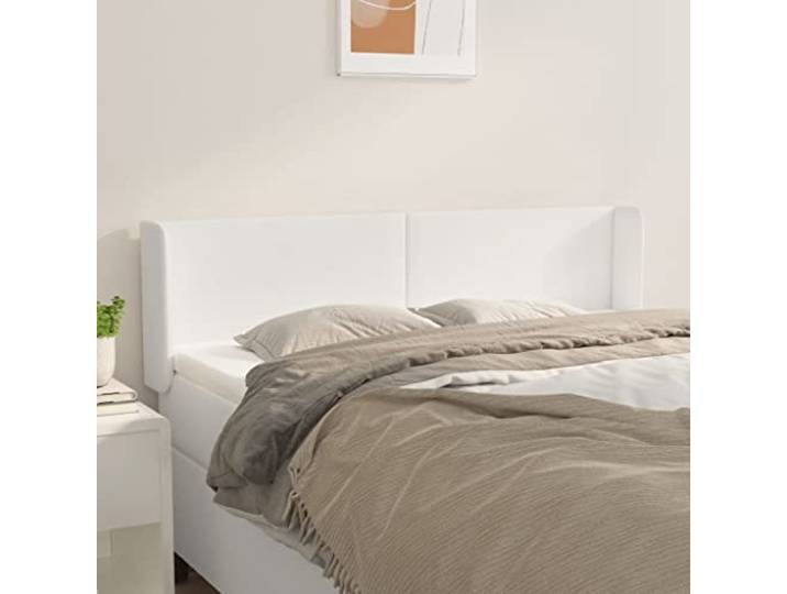 KTHLBRH Kopfteil aus weißem Kunstleder, klassisch, elegantes Design, höhenverstellbar, Beine aus massivem Lärchenholz, stabile Rückenunterstützung