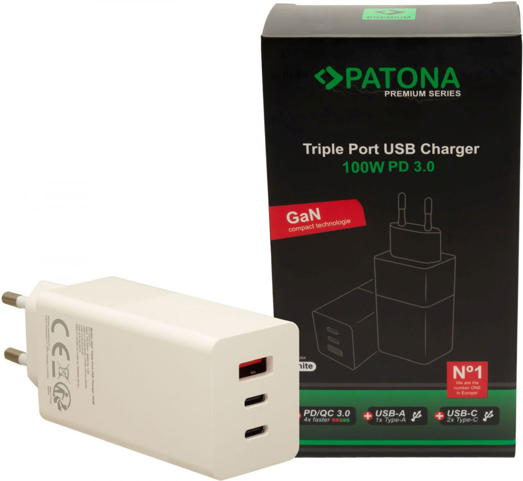 Patona Premium GaN PD100W Adaptateur 2xUSB-C 1xA blanc