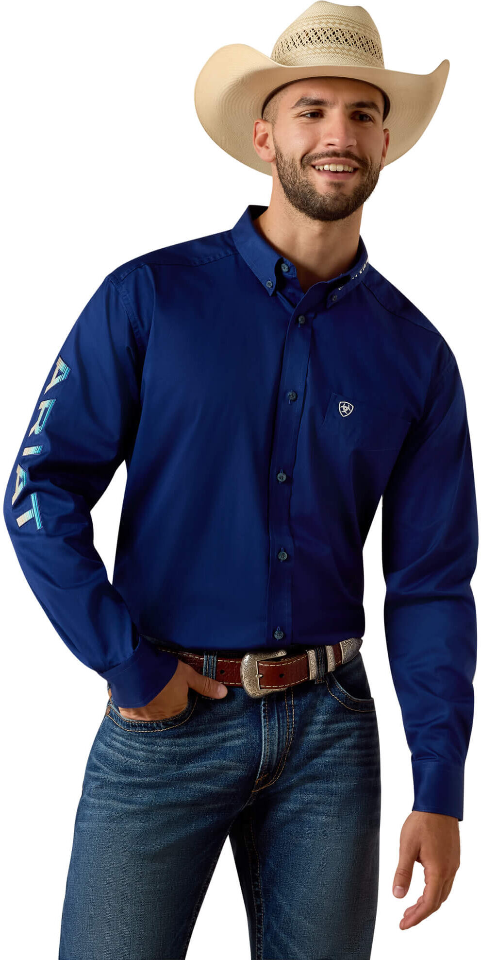 Men's Team Logo Lightweight Twill Classic Fit Shirt in Blue Depths White Serape Cotton, Size: 2XLT by Ariat