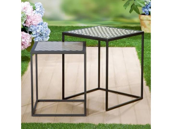 GILDE 2er Set Beistelltisch Circo - quadratisch - Metall - schwarz - Hahnentrittmuster - Höhe 43cm x Ø 36cm