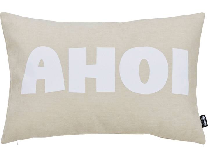 Dekokissen DONE. AHOI , beige (beige, weiß, schriftzug), B:40cm L:60cm, Polyester, Dekokissen_Sitzkissen_Kissenhüllen, Dekokissen, Extra weiche Haptik