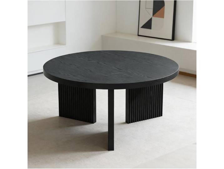 WUVRIE Table basse ronde 80 cm noire en MDF design contemporain effet rainuré