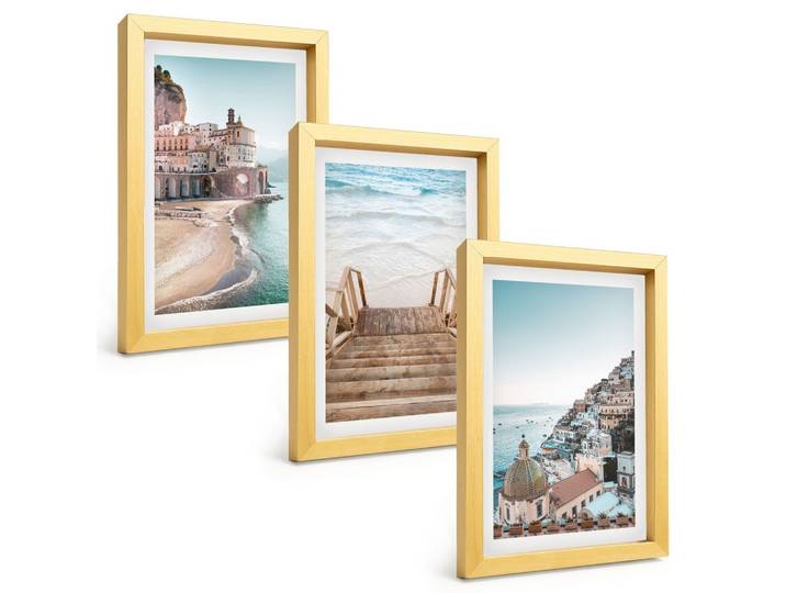BILDER SET 3er Set - 20x30 cm Goldrahmen - Sommerliche Strandansichten in Pastellfarben