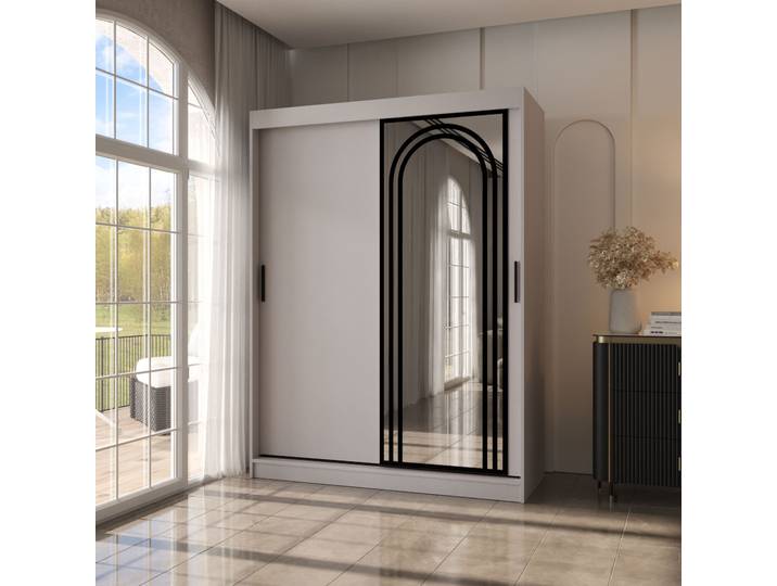 Schiebetürenschrank / Kleiderschrank Kaschmir 5 Fächer 2 Kleiderstangen 150 x 62 x 200 cm hochwertig Verarbeitet Spiegeltür