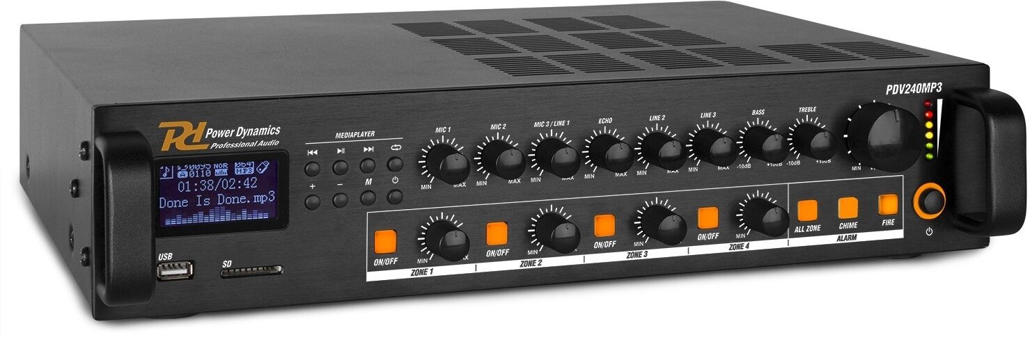 Amplificador Linha 100V 240W RMS c/ 4 Zonas MP3/USB/SD/FM/BLUETOOTH (PDV240MP3) - Power Dynamics