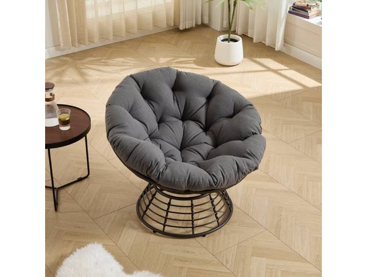 Fauteuil papasan rotatif 360° – rotin PE et acier – coussin épais – gris/marron