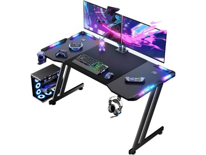 HLONONE Bureau Gaming LED 160 x 60cm Grande Bureau Gamer avec Tapis de Souris Porte-gobelet et Crochet pour Casque Noir
