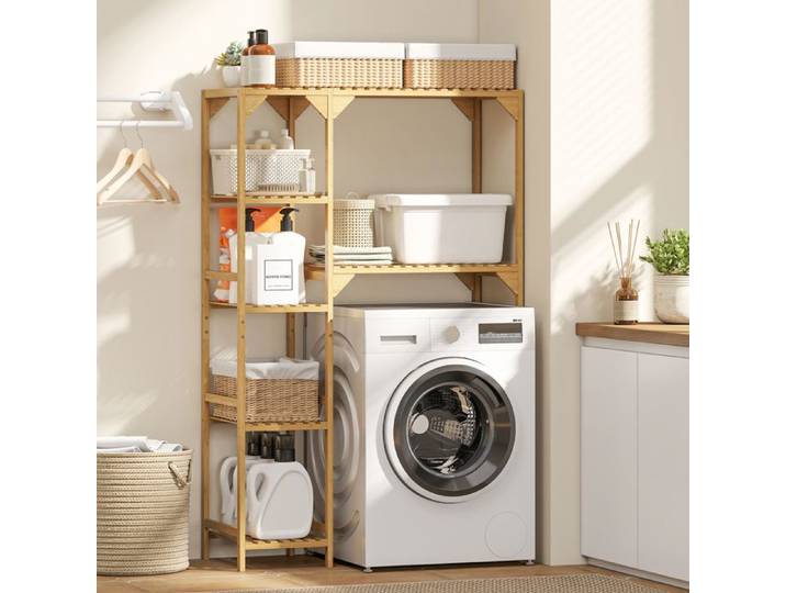 Étagère au-dessus de Machine à Laver en Bambou Meuble de Salle de Bain Moderne avec Étagères Réversibles Bois Naturel