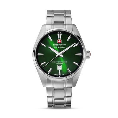 Quarzuhr "Thunder", silberfarben, grün, schwarz, SWISS MILITARY HANOWA, Armbanduhren, Herren, Quarzuhr, Armbanduhr, Herrenuhr, Swiss Made, Edelstahlarmband, analog, Tag