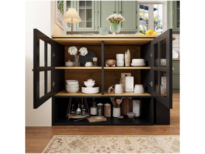 VUENOR Îlot central extensible 138-204 cm noir rotatif 360° portes vitrées et rangements