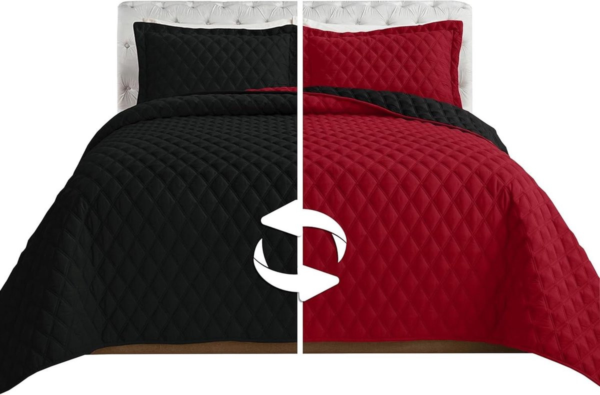 Dons Quilt Set Patchwork Dekbedset met Diamantsteek voor de Slaapkamer - California King - Zwart/Bordeaux
