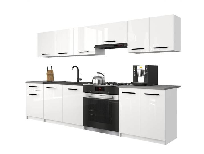 Belini Moderne Küchenzeile Küchenblock ITALIA 2 - Küchenmöbel 240cm Weiß Hochglanz - Einbauküche mit Hängeschränke, Unterschränke & Arbeitsplatten