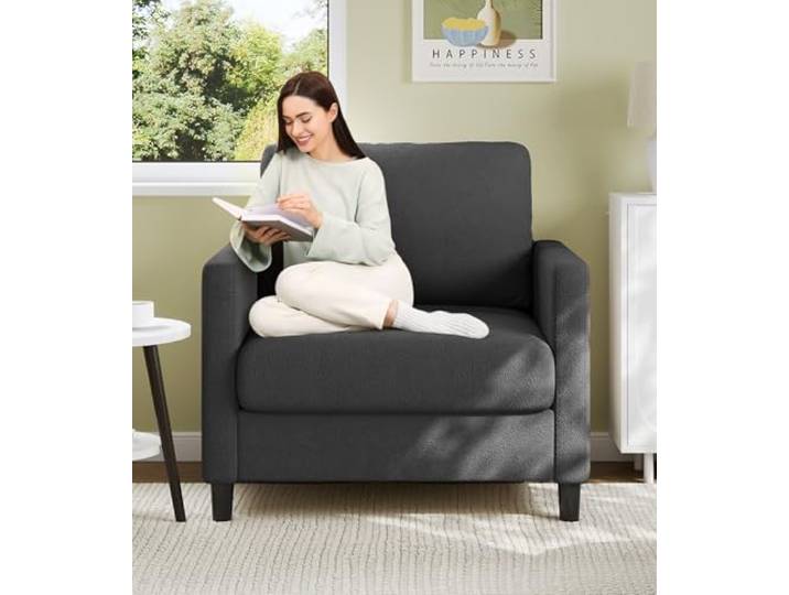 Welzona Sessel Wohnzimmer, 84cm Teddy Lesesessel für Jugendzimmer, Minisofa Bequemer Teddy-Stoffbezug, Werkzeugfreies Aufstellen, Bezüge Waschbar, 1-Seater Sofa für Schlafzimmer, Vollholz, Grau