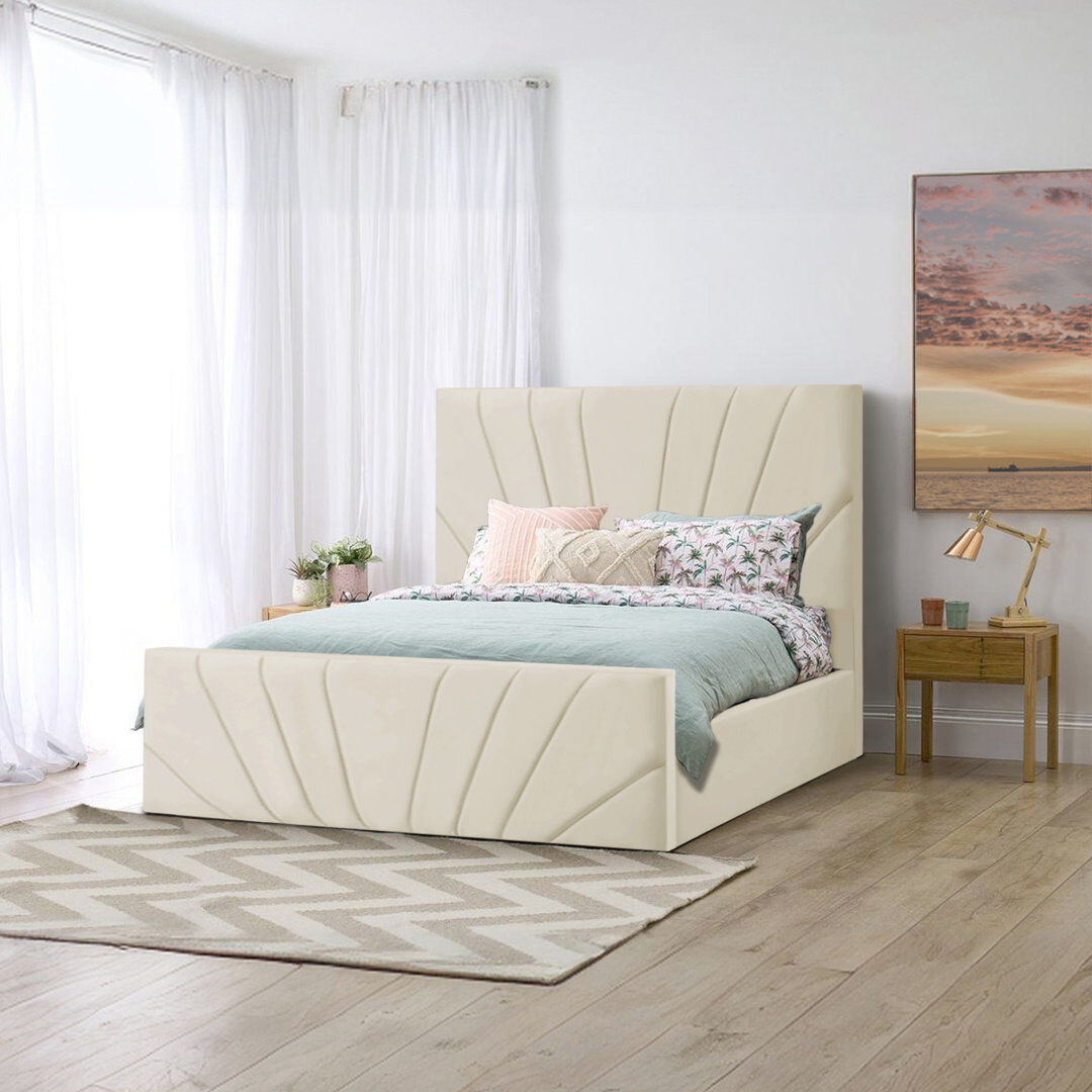 Canora Grey Burgoyne Upholstered Velvet Lift Up Storage Ottoman Bed Cream UK Single (90 x 190 cm)