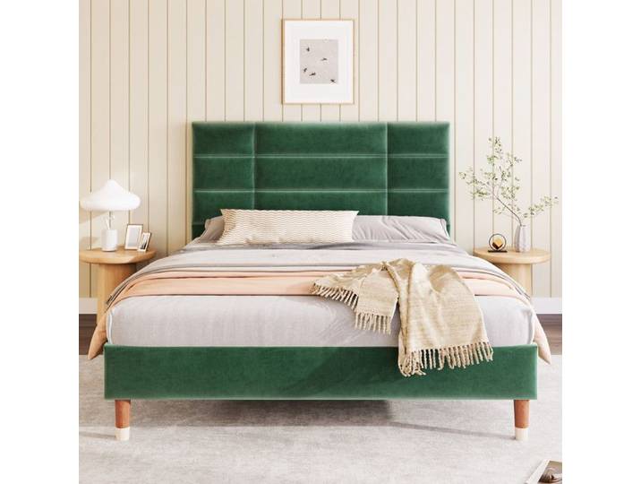 Lit rembourré élégant lit double 140 × 200 cm velours vert foncé tête de lit carrée matelassée pour adultes et adolescents.