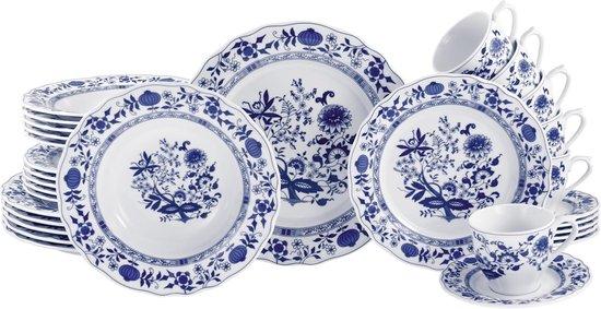 Famanu Geschirrset mit 30 Teilen für 6 Personen - Weiß-Blau Design