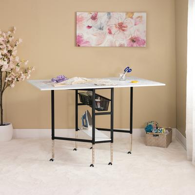 Sew Ready Charcoal / White Cutting Table with Sewing Board Grid Top Mobile, Folding, Height Adjustable with Storage