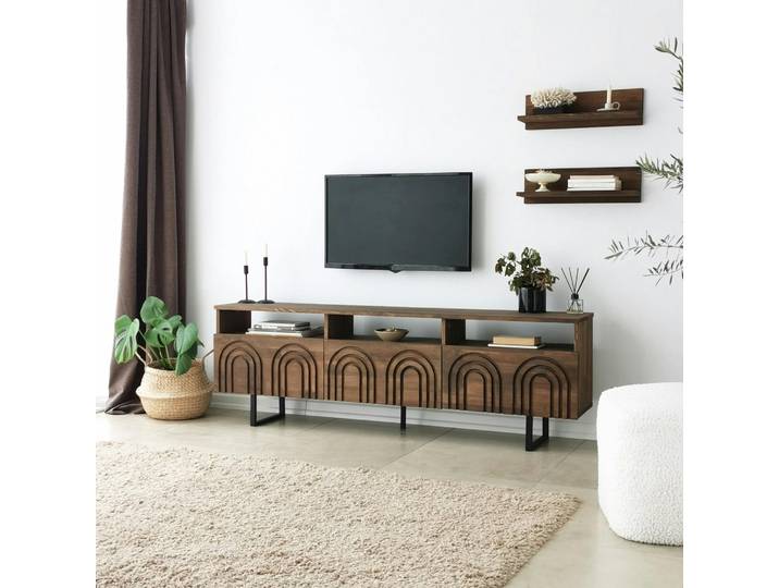 Meuble TV bois brun motif arches avec 2 étagères JACA
