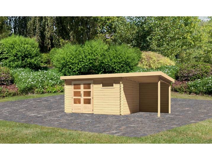 Blockbohlenhaus Bastrup 8 naturbelassen im Set mit Anbaudach 2 m breit, 28 mm Rückwand