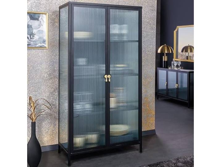 LEBENSwohnART Moderner Vitrinen-Schrank TRIADO 160cm schwarz Gold Metall Riffelglas Highboard