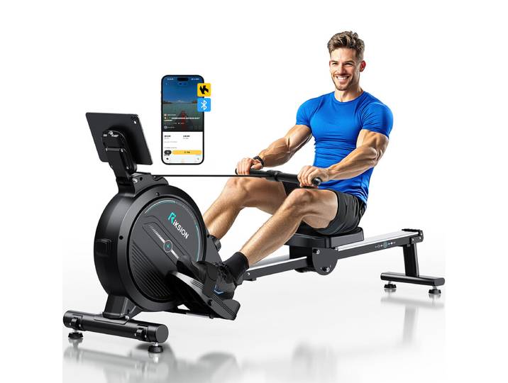 Riksion Rameur d'Intérieur avec Résistance Magnétique, Appareil de Fitness, Application &Écran LCD, 16 Niveaux de Résistance, Rameur d'Intérieur pour Gym à Domicile, Capacité de Charge de 160 kg