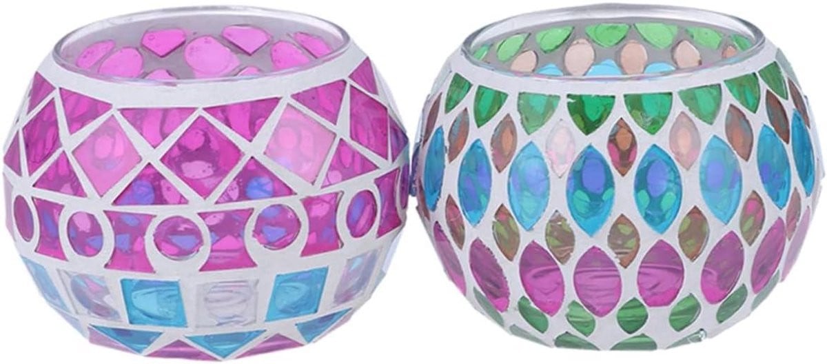 Set handgemaakte mozaïek kaarsenhouders van glas voor sfeervolle theelichthouders, Multicolor, 9 x 9 cm