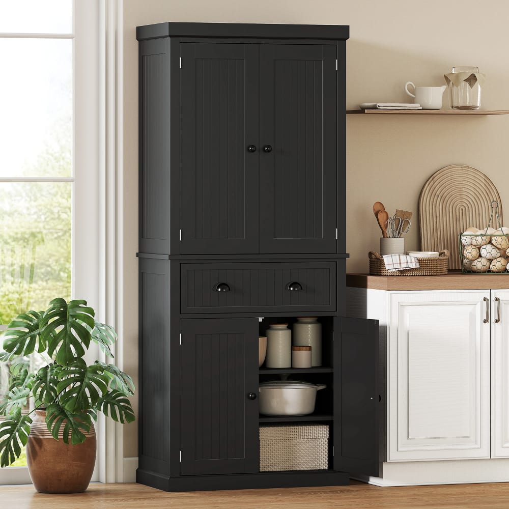 Homcom Armoire de cuisine buffet 4 portes étagères réglables et tiroir noir Noir 76x183x40cm