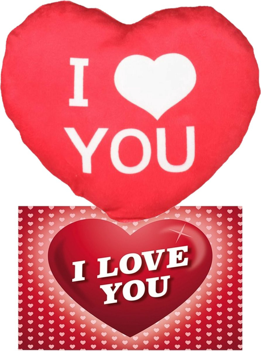 I Love You Set - Rood hartjes kussen met ansichtkaart - 30 cm