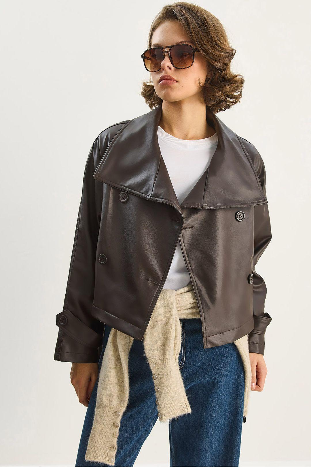 Oversized Faux Leren Jacket met Knopen Sluiting
