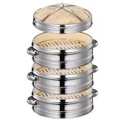 3-stöckiger Dampfgarer Ø18cm mit Deckel aus Edelstahl und Bambus