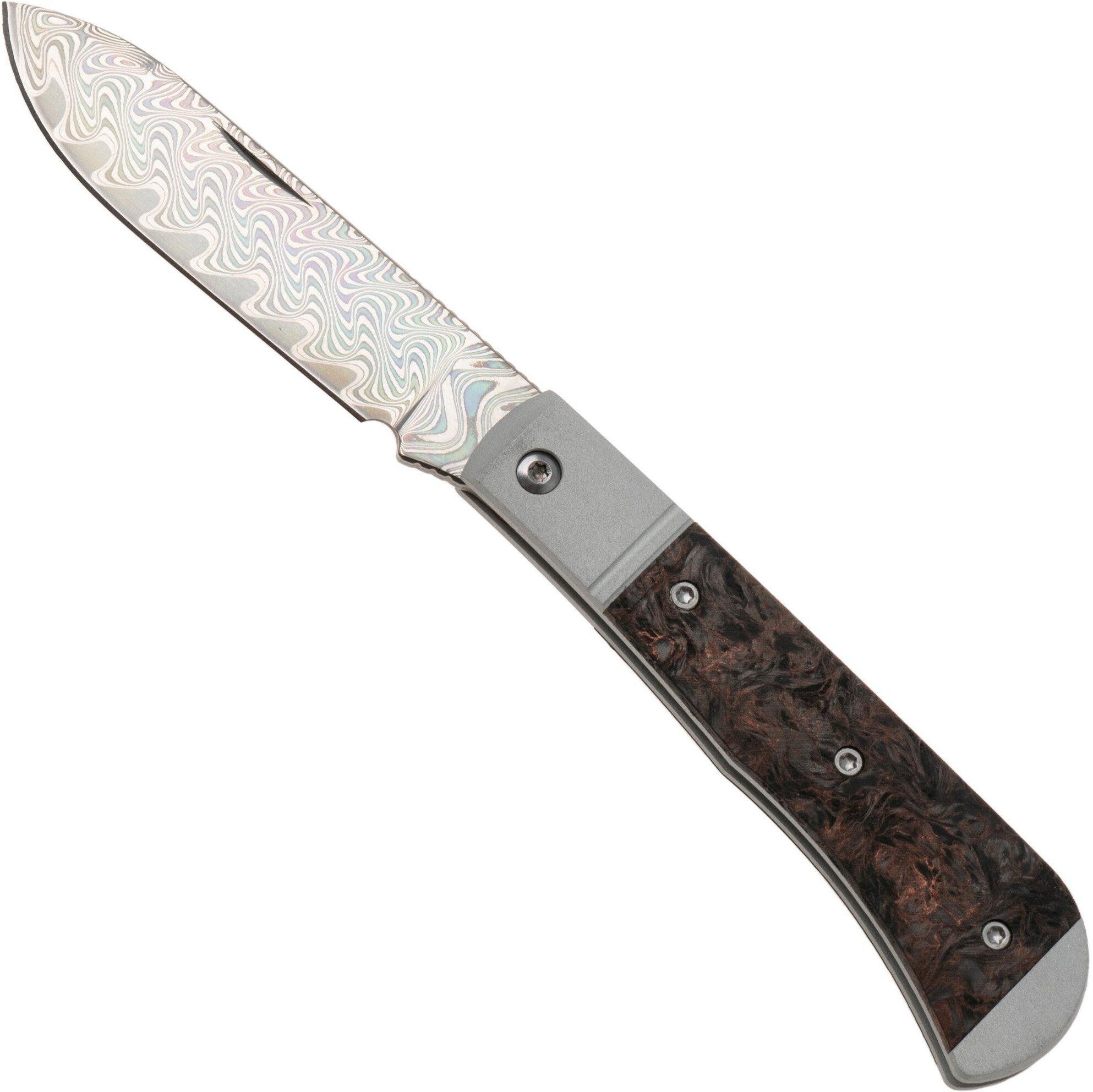 Kizer Vanguard Trestle D V3760A4 Acid-Washed Rainbow Damascus, Aluminium &amp; Copper FatCarbon, coltello da tasca, Azo design