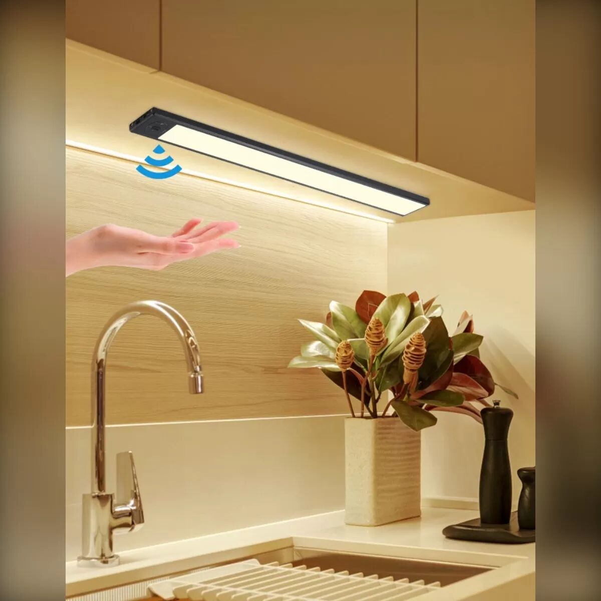 INF Handbewegungs-Sensor Unterschrankleuchte Weißlicht — USB wiederaufladbar, magnetisch, dimmbar LED, bohrfreie Installation Schwarz 40 cm