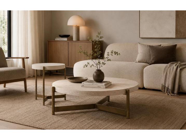 Xlmoebel Beistelltisch Beiger runder Couchtisch aus Holz und Edelstahl für das Wohnzimmer (2-St., 2-tlg), Tisch-Set