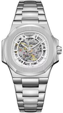 Friendly Fresh Finds Mens Luxury Automatic Mechanical Watch Waterproof Skeleton Stainless Steel Business Watch silver White