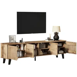OKWISH TV-Schrank Holz 180x40x55cm für 70 Zoll Fernseher Fünfbein-Stabilität Aufbewahrung 8 Fächer Offene Ablage Natürliche Holzfarbe