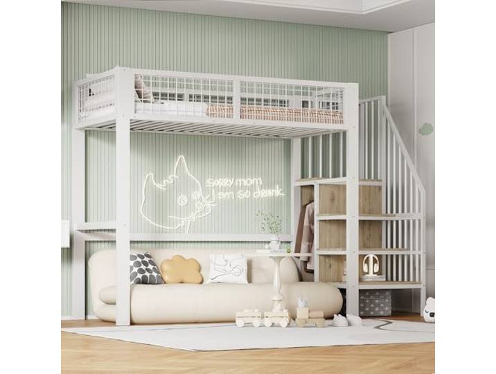 FAVSH Hochbett 90x200 cm mit Schrank und Stauraum, Metallbett mit Treppe, Ablageflächen und integriertem Regal, Etagenbett für Kinder, Jugendliche und Erwachsene, Weiß