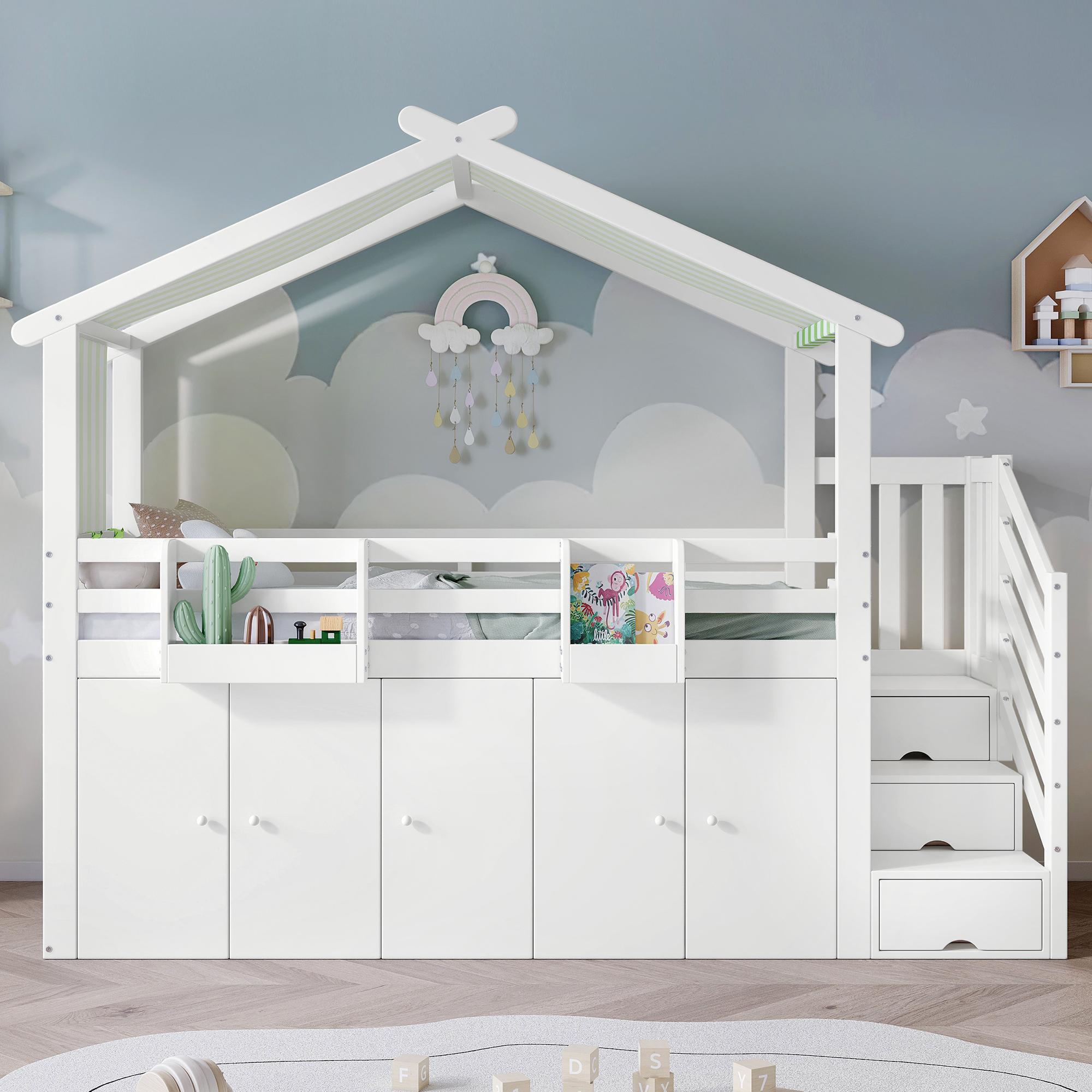 Sweiko Etagenbett, Kinderbett, mit Fallschutzgitter, 1 Kleiderschrank und 2 Schließfächer, mit 3 Schließfächer in der Treppe, gestreifter Stoff, Kiefer+MDF+Sperrholz, Weiß+Grün, 90x200cm