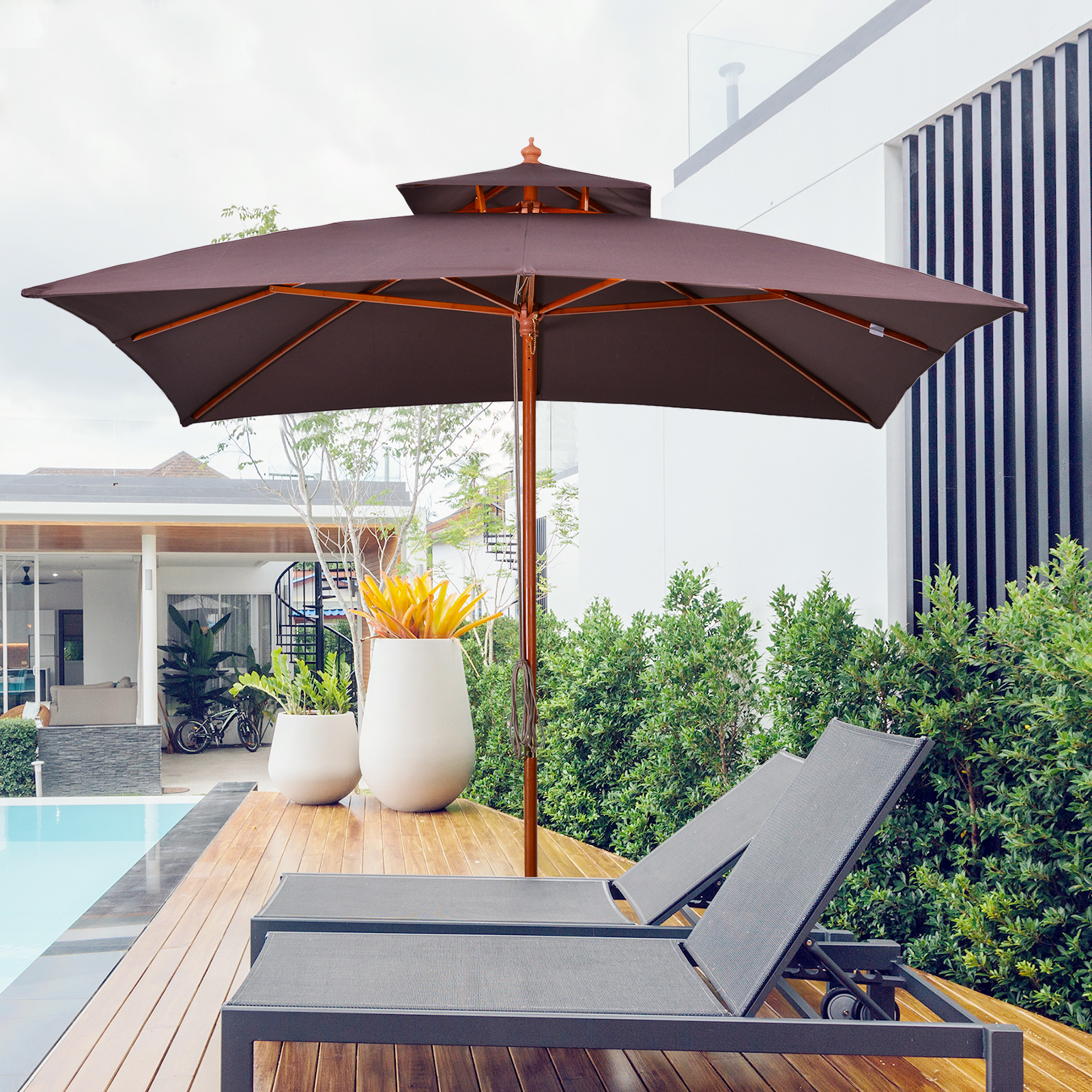 Outsunny Ombrellone da Giardino 3x3m con 8 Stecche in Bamboo e Copertura Parasole a 2 Livelli, Marrone Aosom