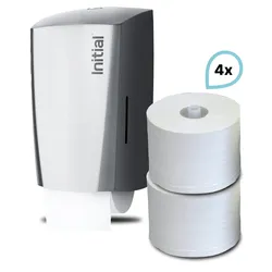 SET: Toilettenpapierspender Reflection KOMPAKT, Doppelrollenspender, Edelstahl +  4 Toilettenpapierrollen, Rentokil INITIAL