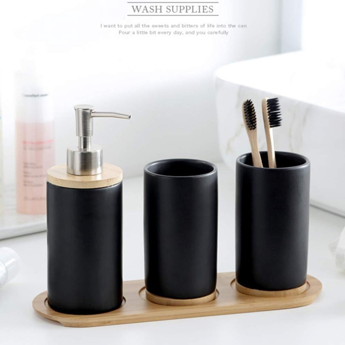 Omgoods 4-delige keramische badkamer set met houten dienblad