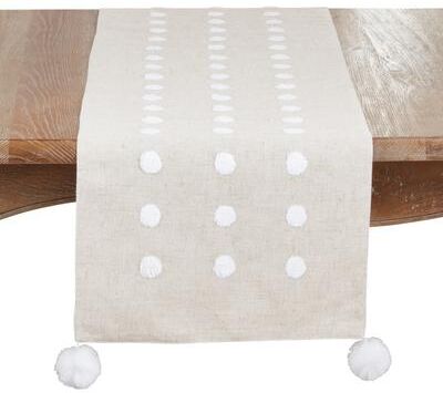 Saro Lifestyle "Textured Dot & Pom Detail Linen Blend Table Runner - Non-Reversible Lined Runner for Dining Tables & Consoles, 16""x70"""
