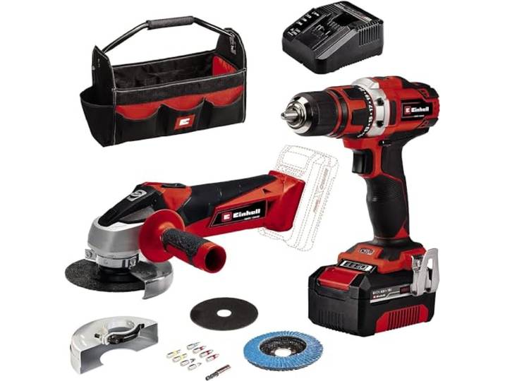 Einhell Set d’outils sans fil TE-TK 18/2 Li Kit PXC 18 V perceuse-visseuse TE-CD 18/40 Li meuleuse TC-AG 18/115 Li batterie 4 Ah chargeur accessoires