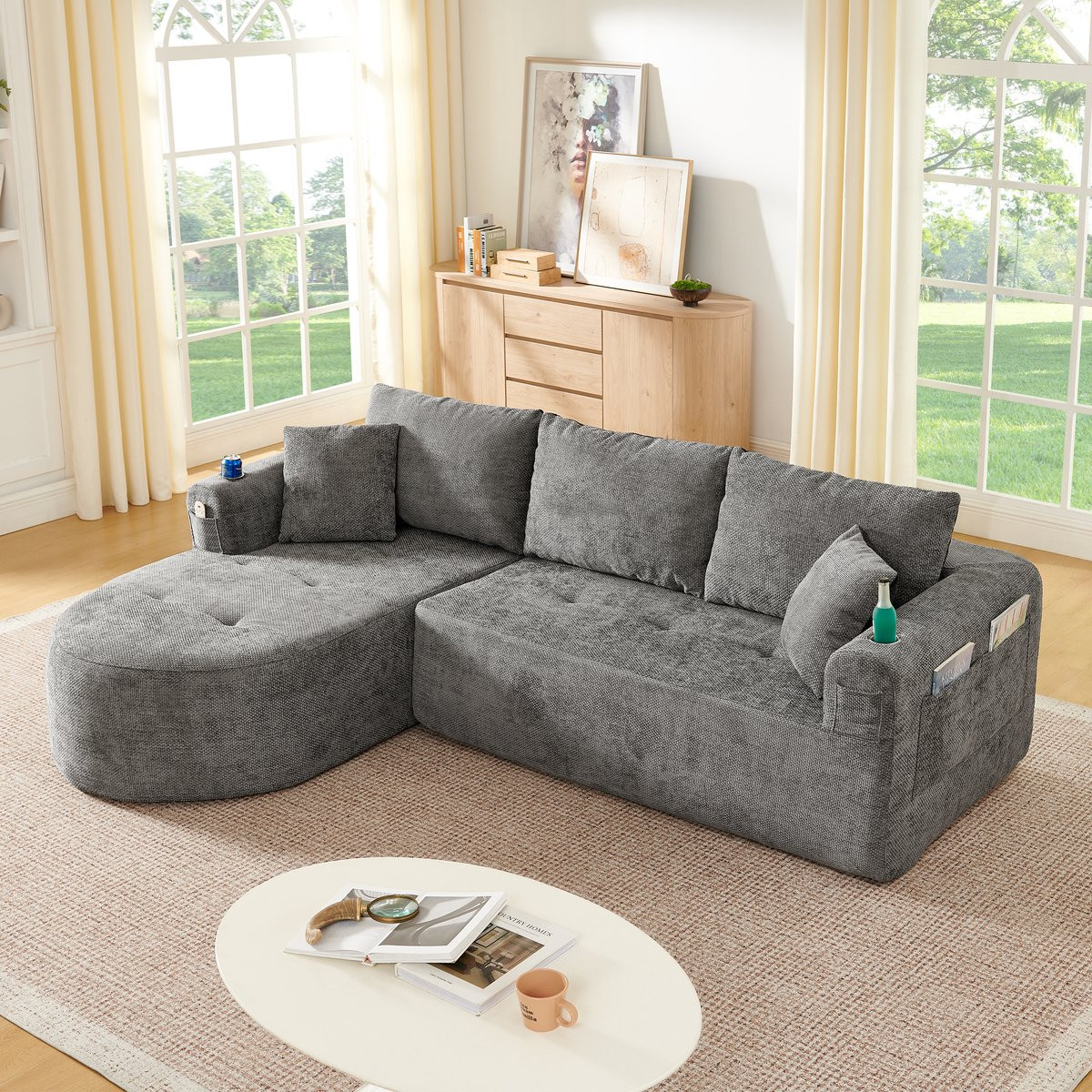 Zubaliya Moderne L-vormige Hoekbank met Bekerhouder en Zijvakken, 3-Zits Cloud Couch met Linnen Bekleding, Grijs