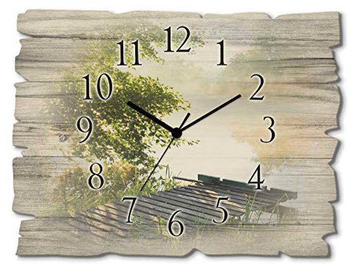 ARTLAND Wanddeko Wanduhr ohne Tickgeräusche aus Holz Funkuhr 40x30 cm Rechteckig Lautlos Natur Landschaft See Wald Ländlich Originell T0WD