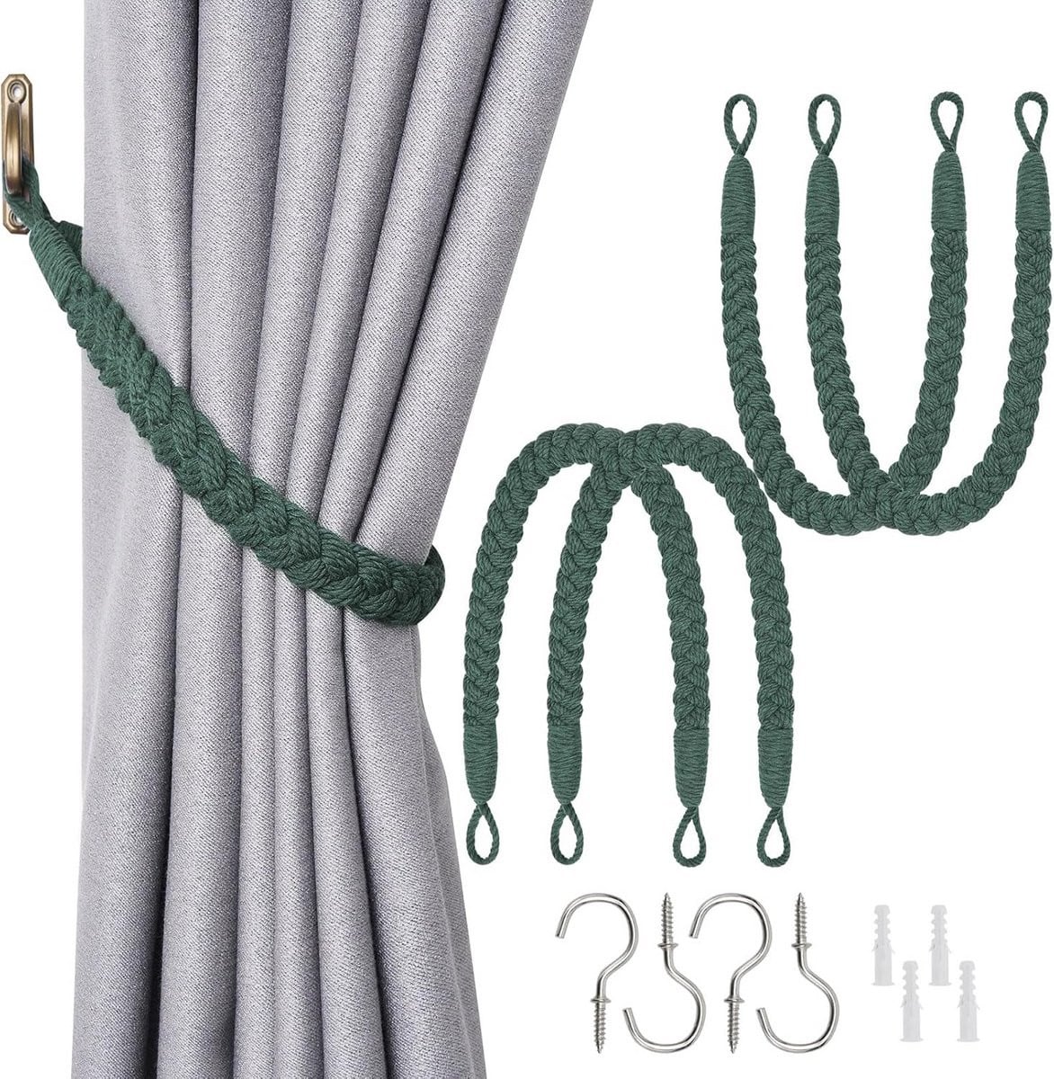 Donkergroene handgeweven katoenen gordijn tiebacks met boho design - 60 cm